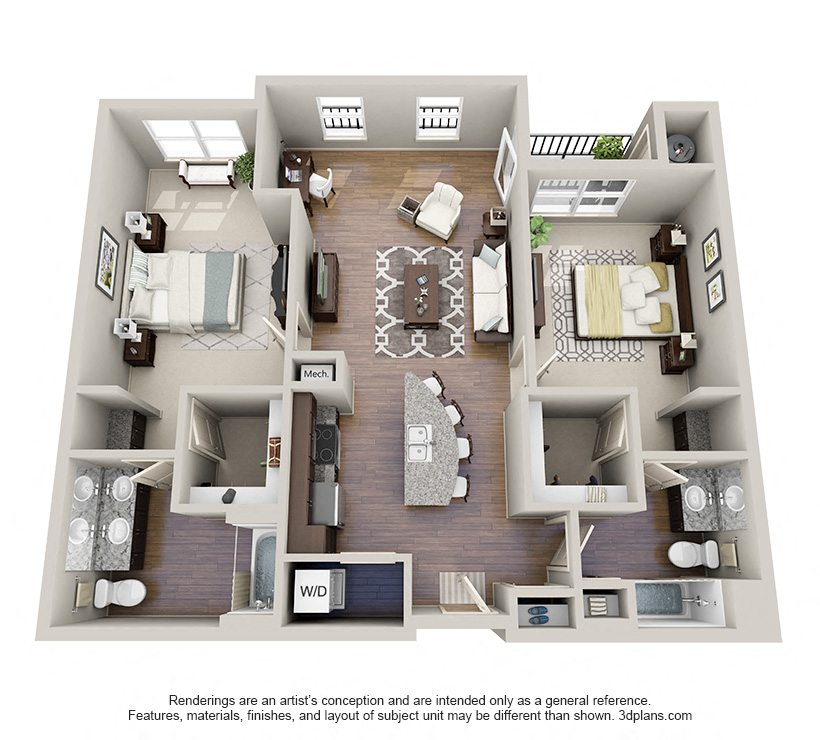 Floor plan for 2 beds, 2 baths, 1289 sqft